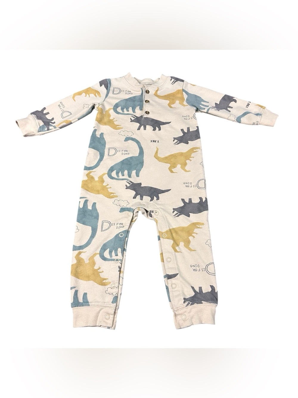 Carter’s Child of Mine Dinosaur Romper 18M Long Sleeve Beige Blue Mustard